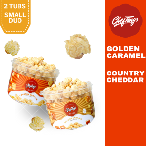 Chef Tonys Ready to Eat Popcorn - 2 Small Tubs - Golden Caramel and Country Cheddar