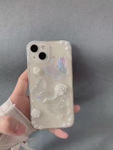 Shiny Pearl Flower erfly Phone Case Epoxy Resin Three-Dimensional Girls Student  for Iphone 16 15 14 13 12 11 Pro Max Cover