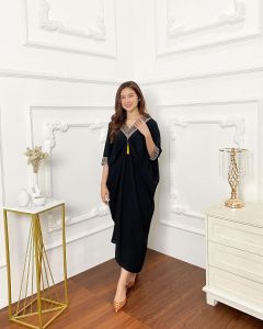 Dress Kaftan Humaira Crinkle Jumbo - Baju Kaftan Wanita Lebaran Mewah - Gamis Kaftan Humaira Crinkle Renda Premium