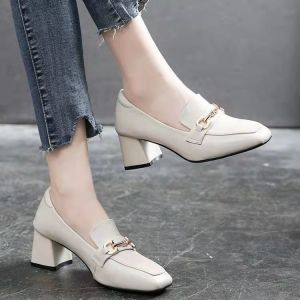 Free Shipping Trendy Soft Leather Loafers For Women New Autumn Collection Versatile Chunky Heel High Heels Suitable For Mothers