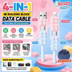 4-in-1 Building Block Charging Cable 60W Fast Charge Data Cord for iPhone Android & Tablets
