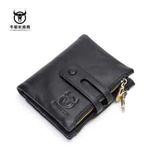 BULLCAPTAIN Genuine Leather RFID Men Wallet Credit Business Card Holders Double Zipper Cowhide Leather Wallet Purse Carteira 0212026
