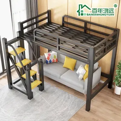 Iron Bed Bunk Loft Bed With Raised Black Frame Student Dormitory Bed