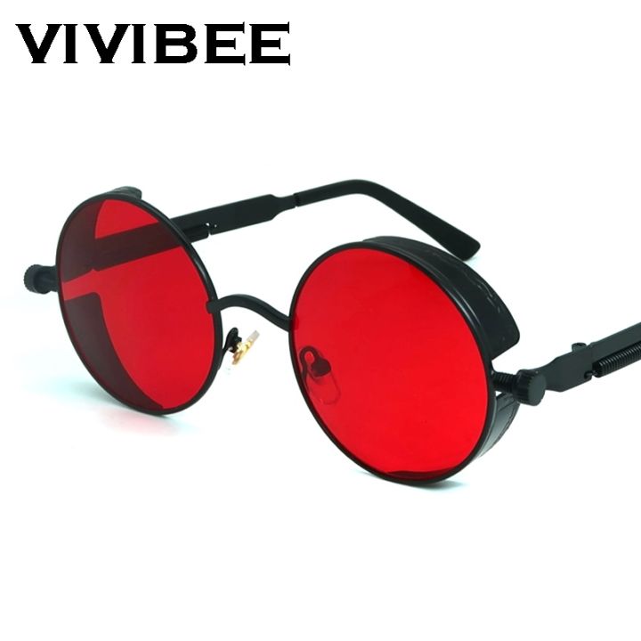 Vivibee Vintage Steampunk Red Sunglasses Men Round Punk Alloy Metal Retro Sun Glasses Women 2022 