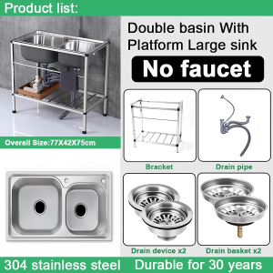 Sinki Dapur Thickened Stainless Kitchen Sink 77*42*75 Double Bowl Vegetable Washing Basin Simple with Bracket 水槽