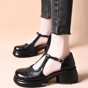 Free Shipping 2026 Summer Woven Sandals For Women Soft Leather Closed-Toe T-Strap Hollow-Out Shoes Thick-Soled Mid-Heel WomenS Shoes