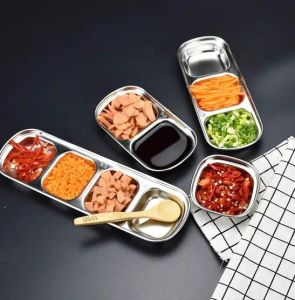 Stainless Steel Samgyupsal Saucer Dish Dipping 1/2/3 Grids Hot Pot Seasoning Dish Sauce for Restaurants Home Tableware