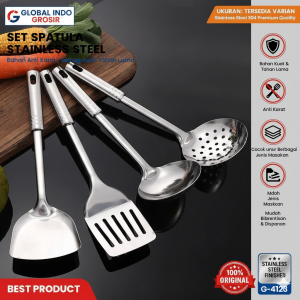 Set Spatula Stainless 4 Pcs Sutil Sodet Penggorengan Centong Sayur Sendok Sayur Tebal