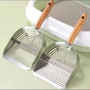 PETPARADIS Long Wood Handle Cat Litter Scoop with Hanging Hole Stainless Steel Pet Waste Shovel Convenient Non-sticker Toilet Garbage Picker For Tofu Sand