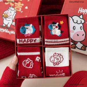 [COD] SweetBabiese 1Pair 2026 Year Of The Horse Red Socks Autumn Winter Warm Mid-Tube Socks Cartoon Pony Socks New Year Party Gifts
