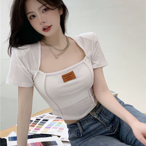 IELGY Tops Womens Tight Short Square Neck Front Shoulder Short Sleeve T-Shirt
