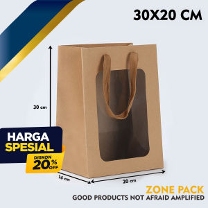 Paper Bag Tali Untai Coklat Windows | PaperBag Tali Untai Warna Coklat | Paper Bag Mika Hampers Souvenir Ulang Tahun pernikahan  | Tas Belanja Berbagai Ukuran | Tas Jinjing Coklat | Paperbag Sovenir Kado Wedding