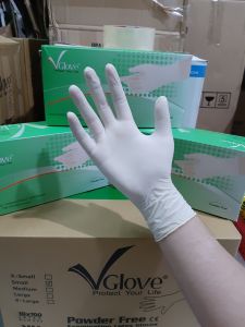 CHÍNH HÃNG VGLOVE KHẢI HOÀN 1 Hộp 100 chiếc - 50 đôi - Găng tay y tế cao su thiên nhiên Latex không bột Vglove Khải Hoàn màu trắng kem các size SML