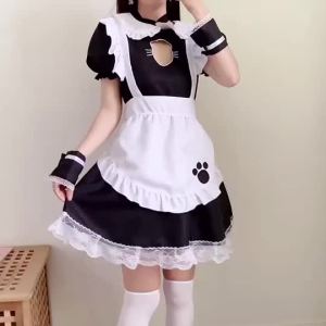S-5XL Đen Trắng Mèo Phụ Nữ Maid Trang Phục Cosplay Lolita Phim Hoạt Hình Kawaii Đồng Phục Mở Ngực Nhật Bản Mềm Ngắn Tay Áo Trang Phục
