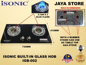 Isonic Built-in Glass Hob / Gas Stove IGB-002 (6.2kW Blue Flame) (Foc Gas Regulator Set)