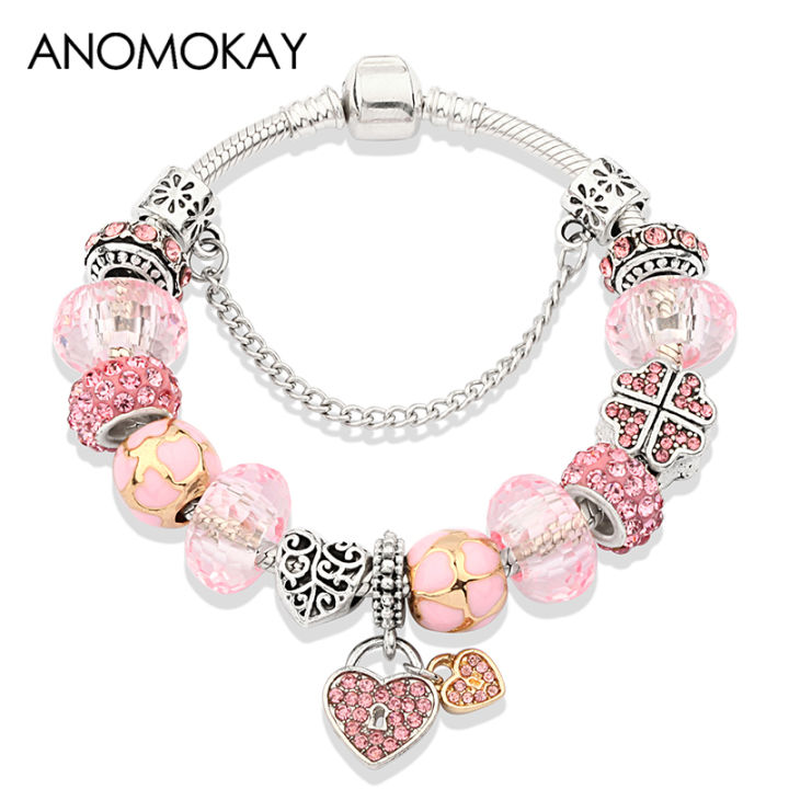 Women's Charm Bracelet, Pink Flower Pendant Bracelet, Crystal