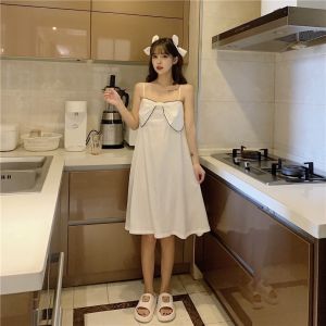 Đầm Ngủ Lụa 2 Dây Nơ Viền Siêu Xinh