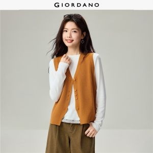 GIORDANO Women Sweaters V-Neck Button Placket Knit Vests Solid Color Regular Fit Fashionable Casual Knit Vests 13356624