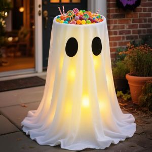 HAPP Standing Halloween Glowing Ghost Treat Bucket Luminous Height-adjustable Halloween Ornament Creative Reusable Ghost Candy Bowl Outdoor