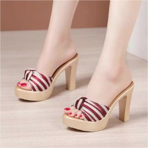 8cm 10cm Big Size 32-43 Open Toe Bow Stripe Slides Women Shoes Summer 2026 High Heels Slippers Ladies Office Beach Slippers
