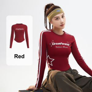 【Ready】Kaus Olahraga Atasan Yoga Kaus Olahraga Elastis Tinggi Kaus Cetak Lengan Panjang Gaya Retro Amerika Yoga Latihan Kebugaran Pelangsing Pinggang