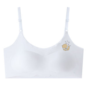 KUCHAR Puberty Girls Underwear Wireless Seamless Ice Silk Cartoon Printed Removable Chest Pads Training Bra for Girls Students