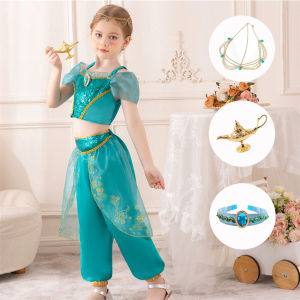 Aladdin Princess Girl Dress Jasmine Two-piece Set Kids Film Role Play Costume Halloween Party Clothes Children Birthday Gift