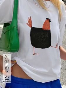 Spring And Summer WomenS Clothing Stylish Casual WomenS Tops Hand-Painted Rooster Print Round Neck Short Sleeve T-Shirt[Chu K]