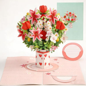 3D Bouquet Valentines Day Card Handmade Pop Up Flower Greeting Card Realistic Design Perfect Romantic Gift Anniversary Birthday Celebration
