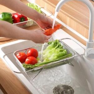 Rổ Lọc Rau Củ Gác Bồn Rửa – Rổ Ráo Nước Lưới Thoát Nhanh Tay Cầm Kéo Dài Tối Đa 44cm