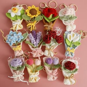 WLVYH Crochet Knitted Flowers Bouquet Hanging Pendant Handmade Mini Bouquet Pendent Creative Mini Flowers Bouquet Keychain