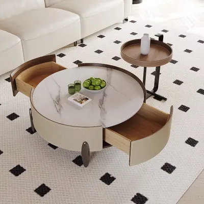 Round Coffee Table Sintered Stone Italian Minimalist Combination Living Room Home Saddle Leather Coffee Table with Storage Drawer