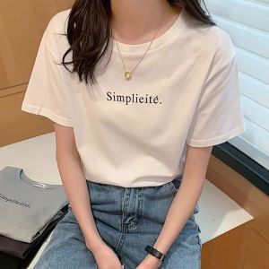 Ammin 2024 đơn giản Mới Mùa Hè Áo thun cotton ngắn tay thường ngày in chữ cái thời trang cổ tròn phong cách hàn quốc nữ áo blouse thanh lịch thoải mái thường ngày