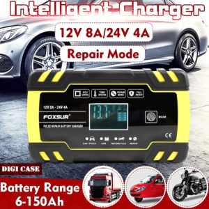 FOXSUR Cas Charger Aki motor dan mobil 12v 24v otomatis super cepat kering basah 130W 150Ah with LCD
