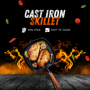 22 cm Cast Iron Skillet with Grill (Striped and Wood Handle)