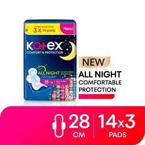 KOTEX Comfort & Protection Night Wing Pad 28cm (14sx3) - Sanitary Pad with 100% Leak Free Comfort