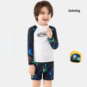 Quần sọt bơi lội đồ bơi tay dài ngày lễ cho trẻ em Momasong bảo vệ khỏi ánh mặt trời Đồ bơi họa tiết kẻ bé trai (Mũ bơi miễn phí)