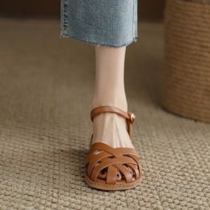 IELGY Soft Leather with Toe Toe Roman Sandals Womens Block Heel Summer with Skirt Non-slip