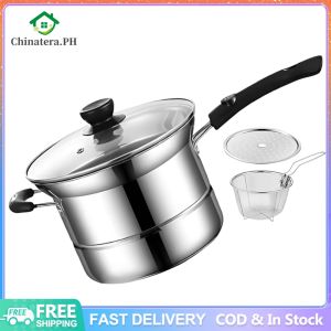 One-Handled Pot with Strainer Drain Shelf Lid Pasta Cooking Pot Stainless Steel Deep Frying Pot for Steaming Cooking Frying