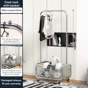 Silver Single Pole Strong Steel Structure Laundry Rack Space Saver Storage Rack Penyangkut Baju Rak Baju With Storage basket Rak Baju Besi 衣架带收纳篮