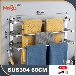 Bath Towel Rack Stainless Steel Wall Mounted Towel Holder with Hooks Towel Rail Bars 3-Tier
