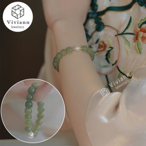 Viviann Original Hetian Jade Bracelet Vintage Light Luxury Real Pearl Green Jade Chalcedony Bracelet For women Beads Strand Bracelets Women Fine Jewelry Charm Fashion Amulet Gifts Women Bangle