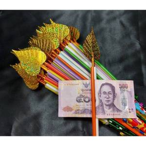 ไม้เสียบแบงค์ ไม้เสียบผ้าป่า รูปใบโพธิ์ เงิน-ทองพลาสติกอย่างดี 1มัดละ 50 ก้าน ไม้เสียบต้นผ้าป่า ต้นกฐิน ไม้เสียบพุ่มกฐิน ไม้เสียบเงิน