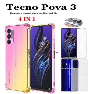 (4 in 1) For Tecno Pova 3 Gradient Phone Case Tecno Pova 2 Pova Neo Color Gradient Shockproof Phone Case + Tempered Glass Film + Lens Film + Back Film