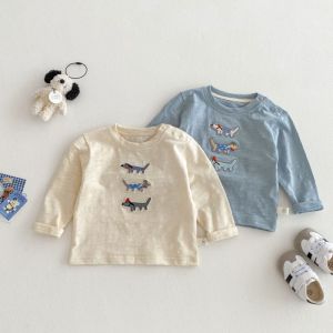 Stylish Childrens Pure Cotton T-shirts 2025 Spring Autumn Boys Cartoon Embroidery Bottom Tee Cute Baby Girls Long Sleeve Tops2026
