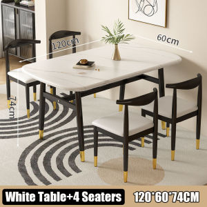 Nordic Dining Table Set with 4/6 Chairs 120x60cm Kitchen Table Set European Style Wood Metal Dining Room Furniture for Home (White/Black)