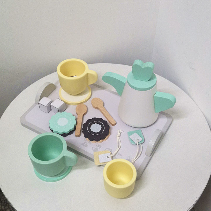 Moulty 19PCS Wooden Tea Sets, Kids Play Kitchen Toys Accessories