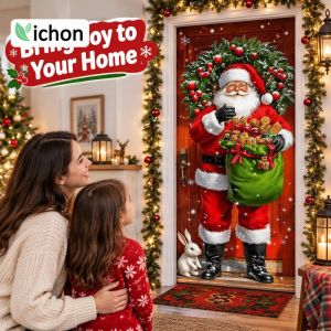 Christmas Door Cover Tapestry Santa Claus Print Washable Reusable Holiday Party Photo Backdrop