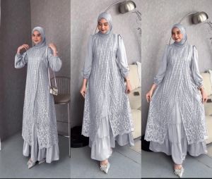 Gamis Brokat Olivia Elegan dengan Lengan Panjang dan Motif Geometris untuk Remaja Jumbo