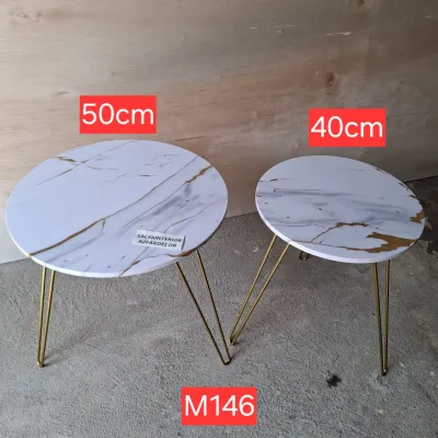 MEJA BUNDAR MOTIF MARMER KAKI BESI GOLD